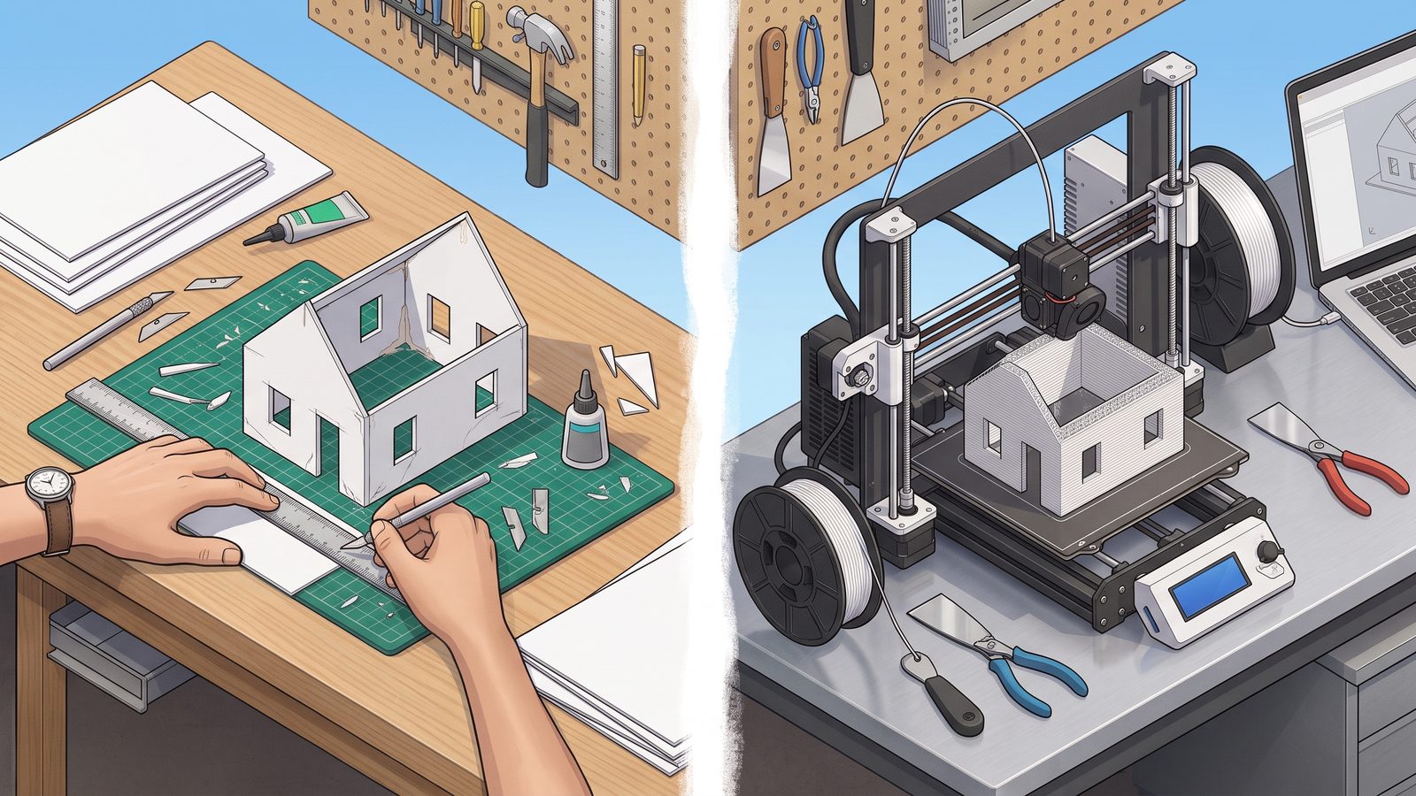 作業机を左右に分けたイラスト。左はカッターマットの上でスチレンボードを切り出し、手作業で住宅模型を組み立てている様子。右は3Dプリンターが同じ形の住宅模型を造形している様子