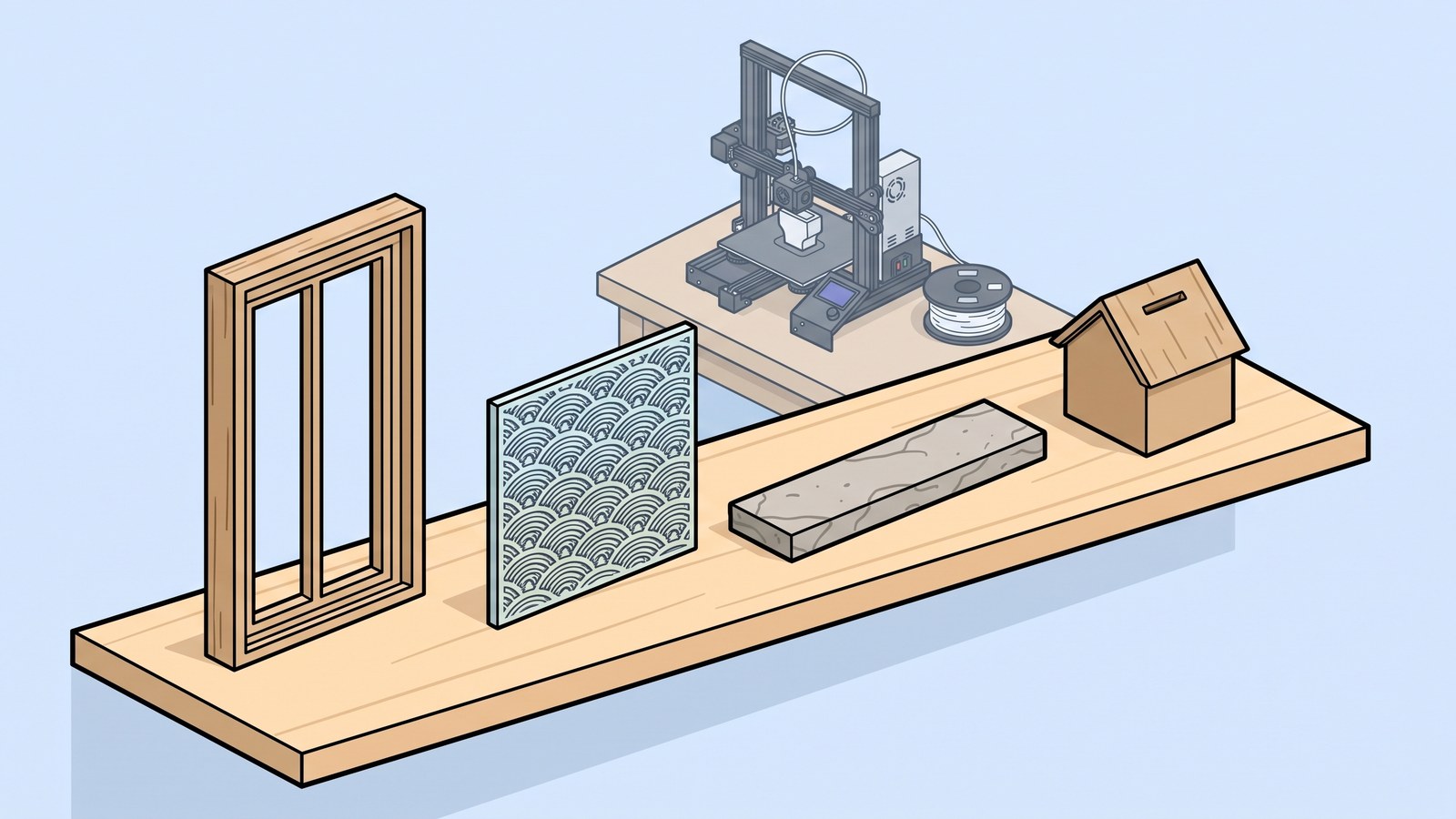 木の棚に4つの3Dプリント品が並ぶイラスト。左から順に、立てかけた木目の窓枠、青海波の模様を彫り込んだガラスパネル、寝かせた石目の窓台、切妻屋根の家の形をした貯金箱。奥の作業台では3Dプリンターが造形中で、白いフィラメントのリールが置かれている